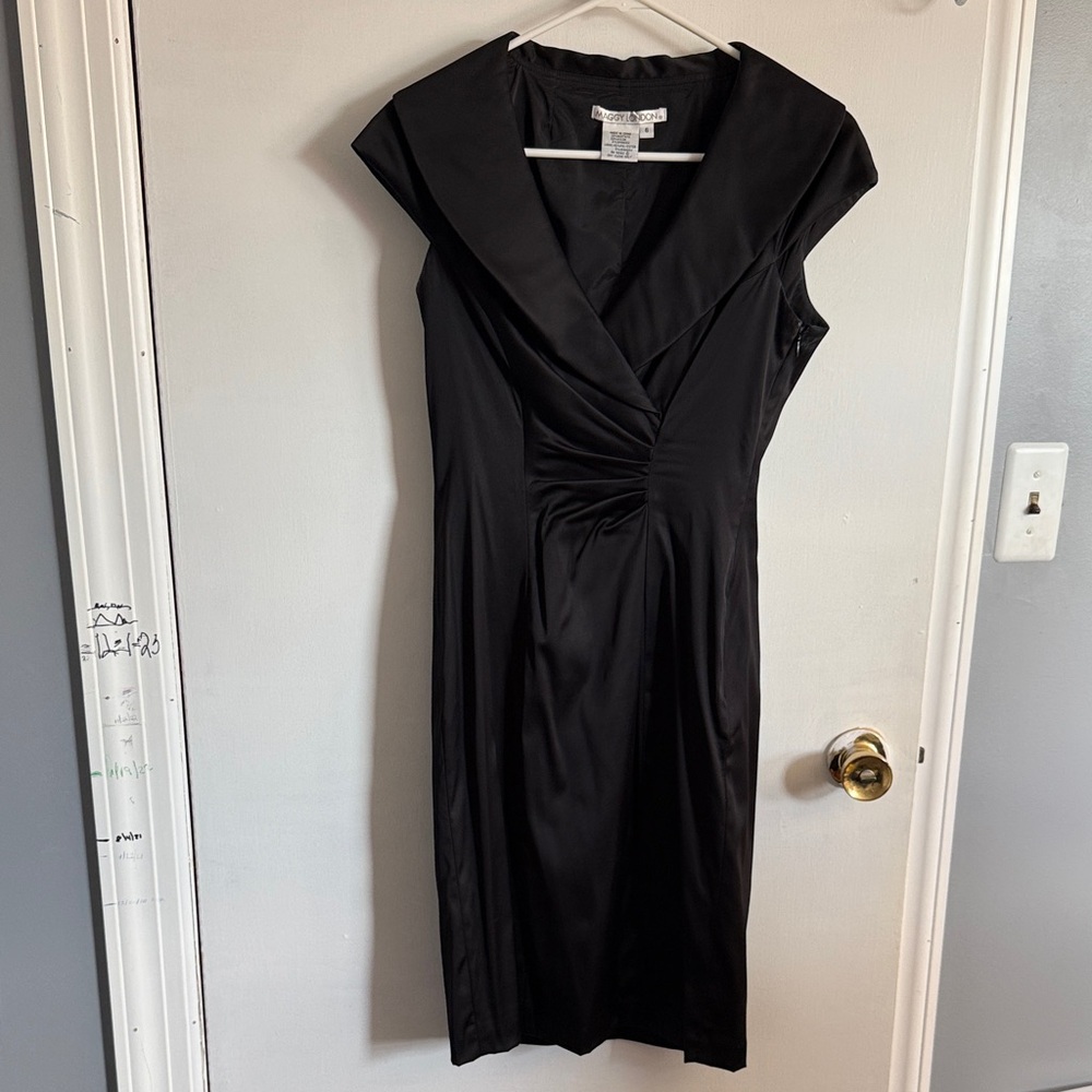 Maggy London Black Satin Faux-Wrap Midi Dress